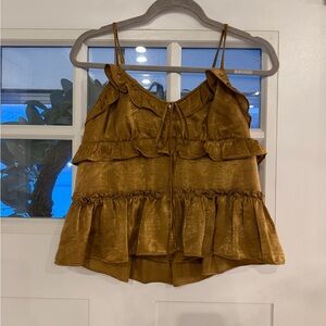 Jacqui E Metallic Brown Ruffle Tank Top